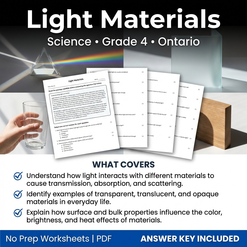 Grade 4 Science Worksheet on Light Materials | Ontario Standards
