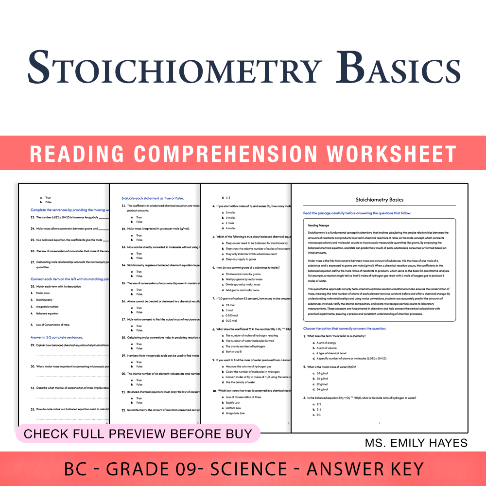 Grade 9 Science worksheet worksheet — 9th Grade Science | Stoichiometry Basics Worksheet (PDF+ Answer Key) — page 1