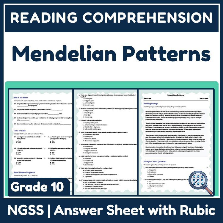 Grade 10 Science reading worksheets worksheet — 10th Grade Science | Mendelian Patterns Reading Practice Worksheet — page 1