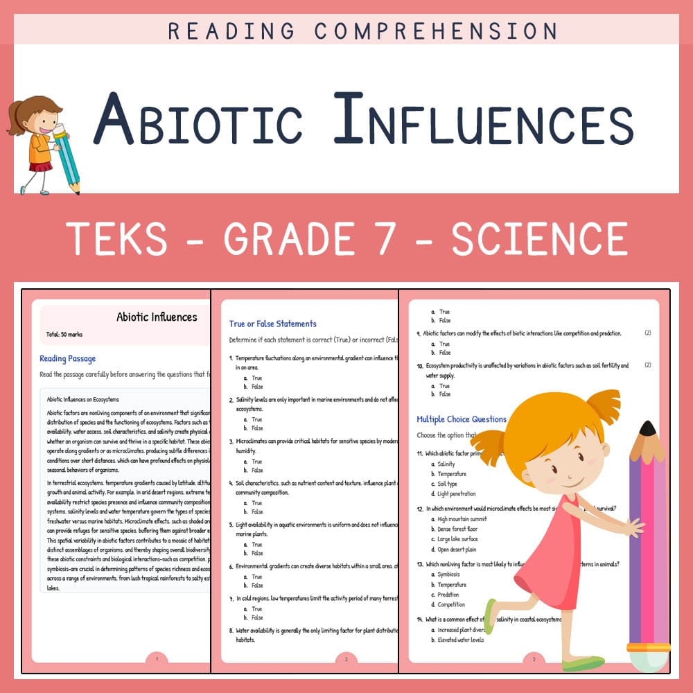 Grade 7 Science worksheet elena worksheet — Grade 7 Science | Abiotic Influences Worksheet | TEKS Alligned — page 1