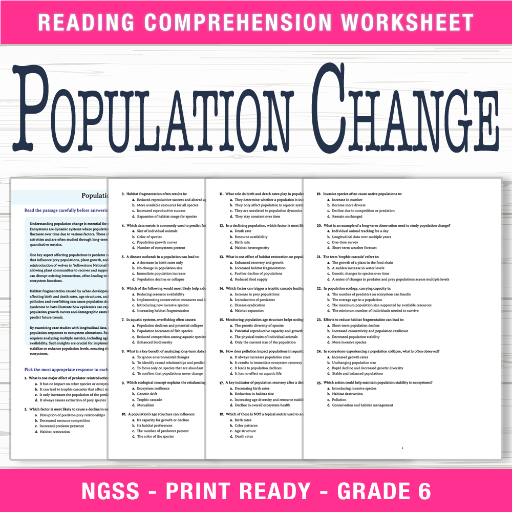 Grade 6 Science worksheet worksheet — 6th Grade Science | Population Change Worksheet (PDF + Answer Key) — page 1