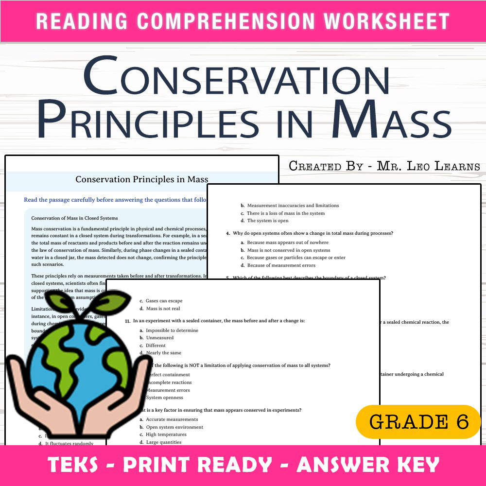 Grade 6 Science worksheet worksheet — Grade 6 Science – Conservation Principles in Mass Worksheet for Mastery — page 1