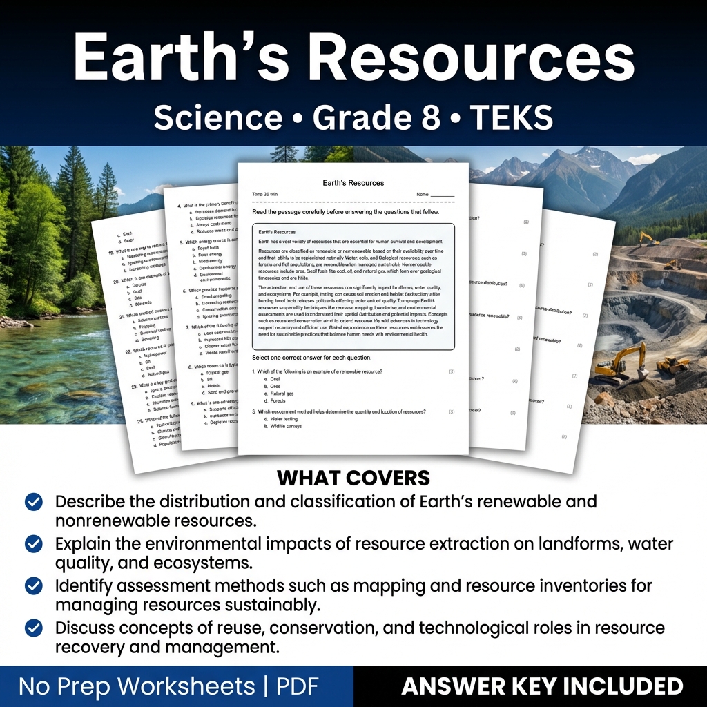Earth's Resources Worksheet for Grade 8 Science TEKS Standards