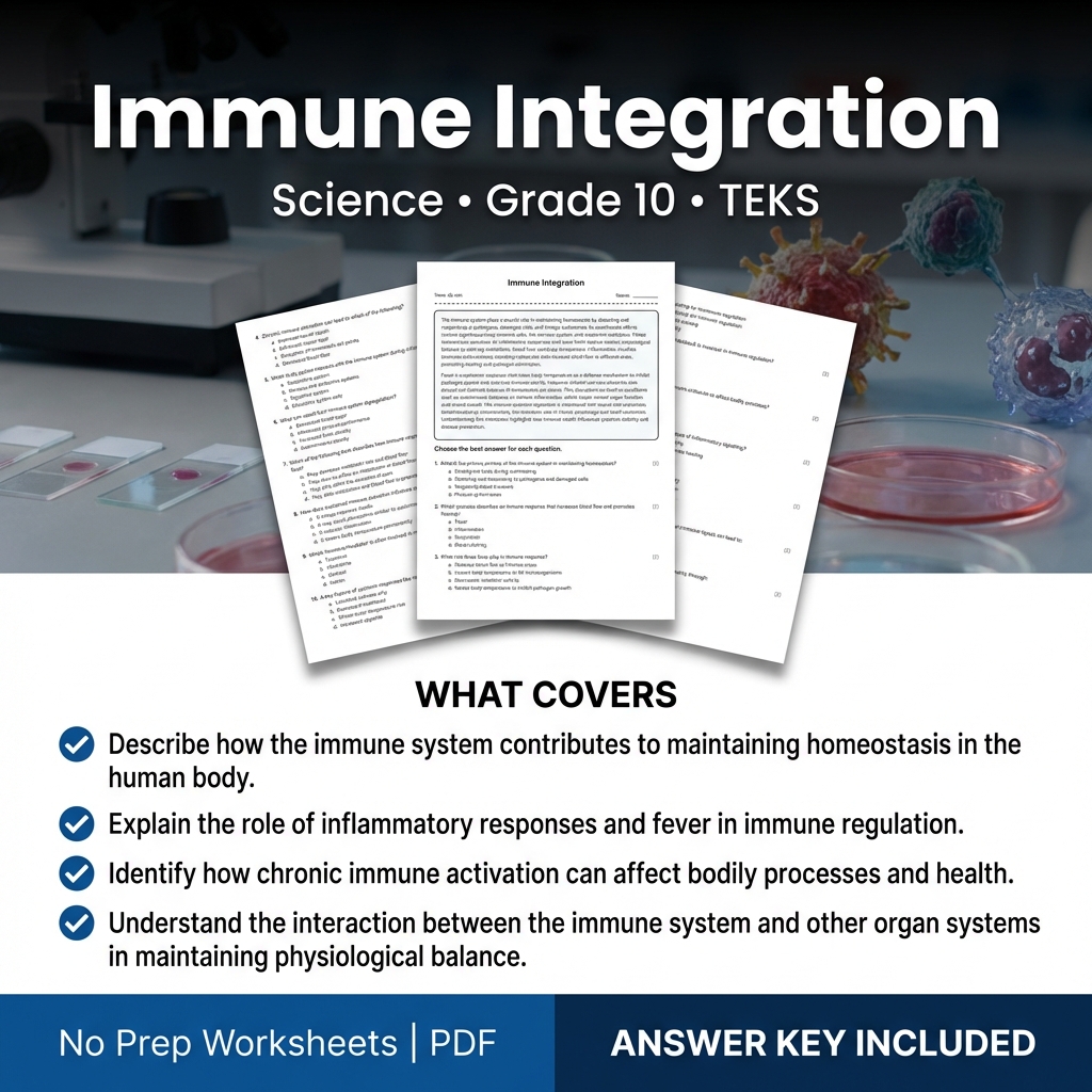 Grade 10 Science Worksheet on Immune Integration | TEKS Aligned