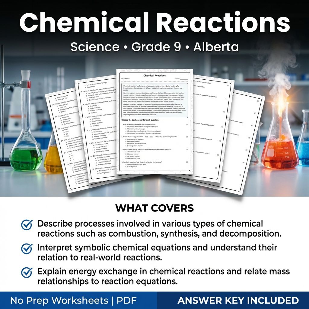 Chemical Reactions Worksheet for Grade 9 Science | Alberta Standards