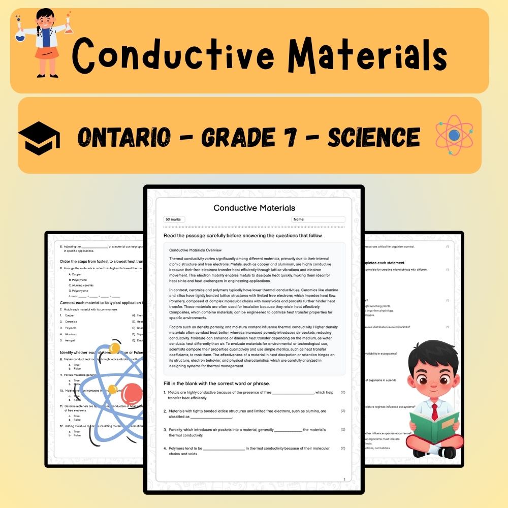 Grade 7 Science worksheet worksheet — Grade 7 Science – Conductive Materials Worksheet (PDF ) | Ontario Standards — page 1