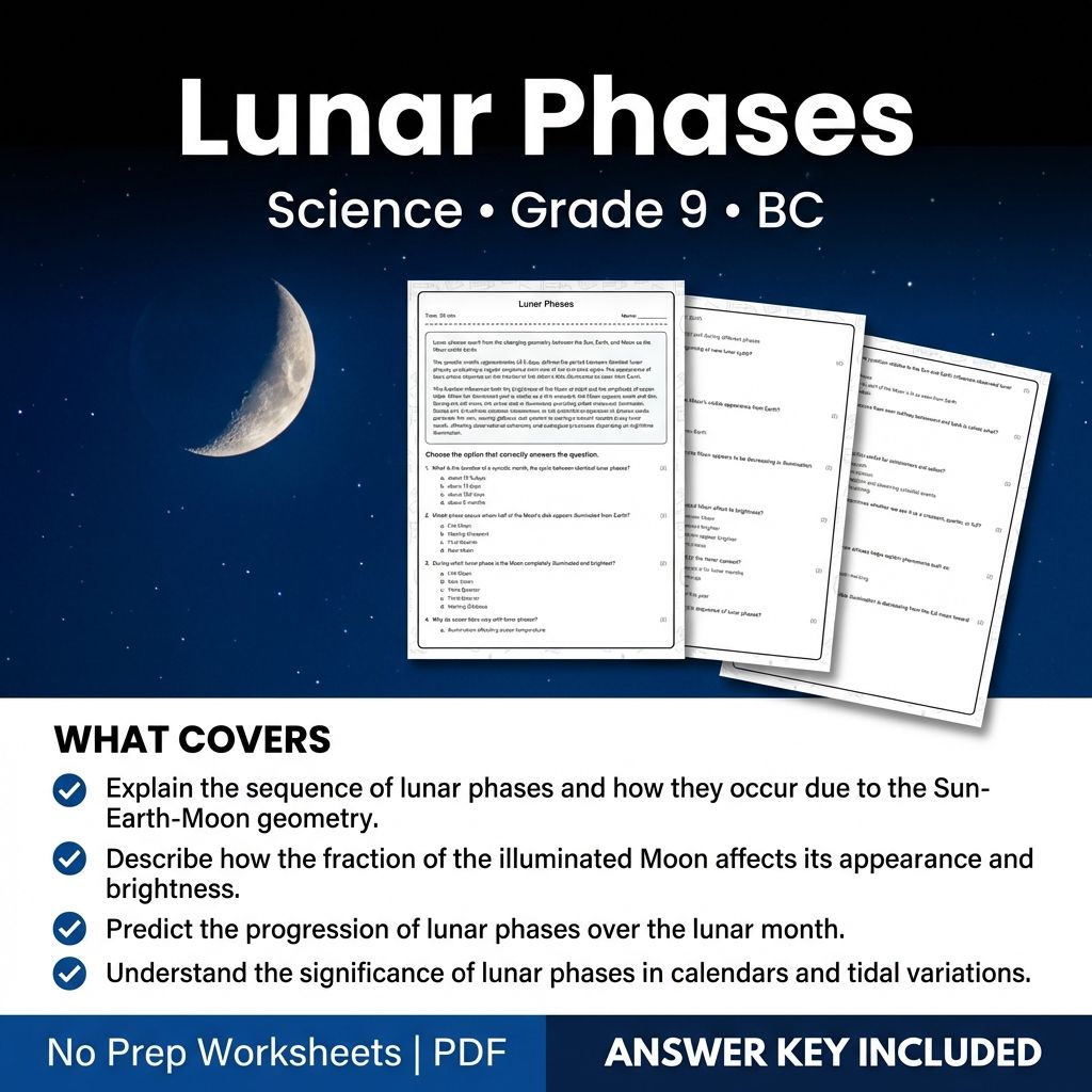 Grade 9 Science Worksheet | Lunar Phases Practice with Answer Key (PDF)