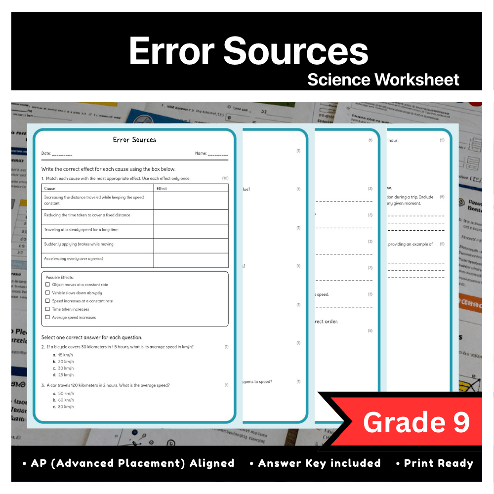 Grade 9 Science – Error Sources Worksheet (AP Standard) with Answer Key (PDF)