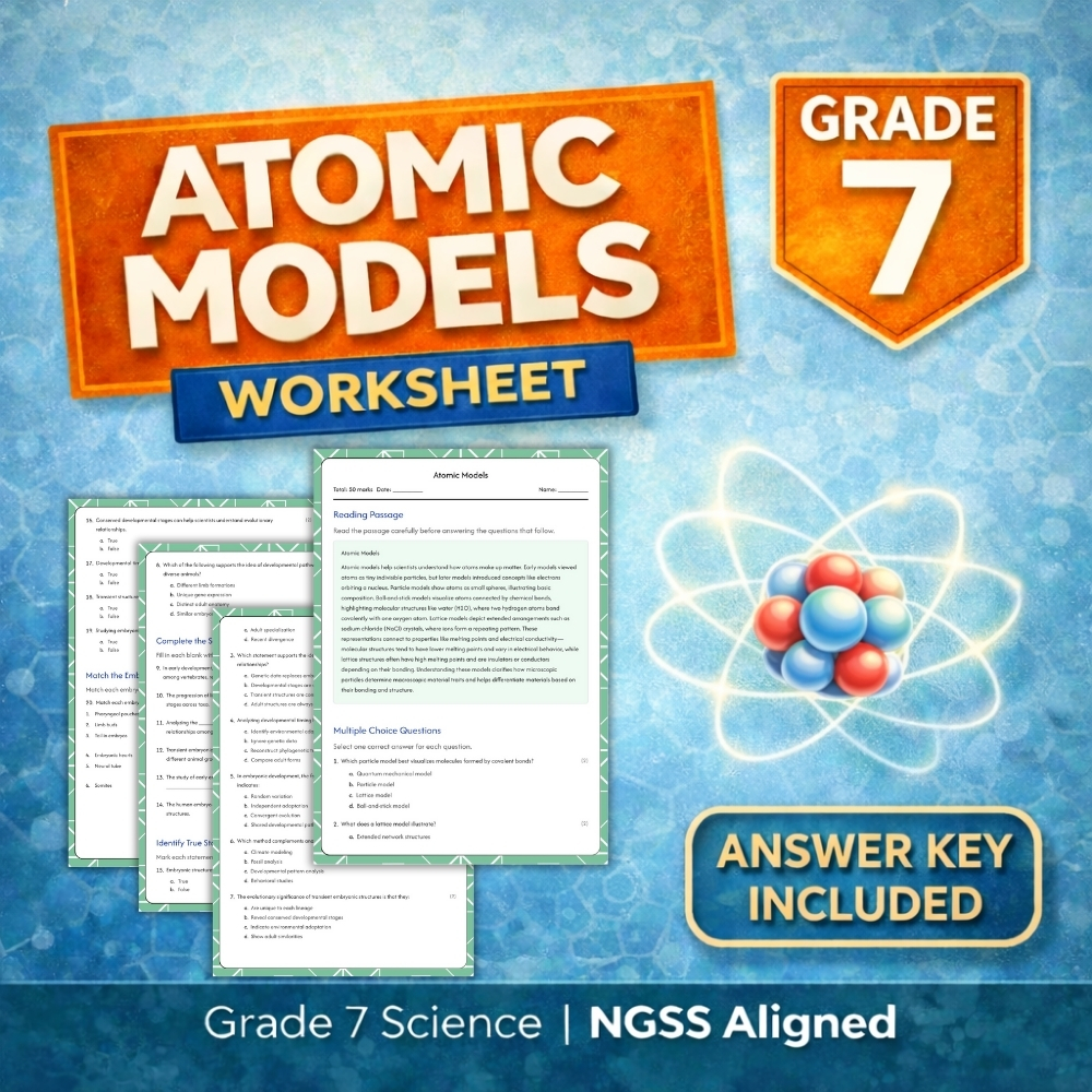 Grade 7 Science – Atomic Models (Worksheet + Answer Key) NGSS Aligned