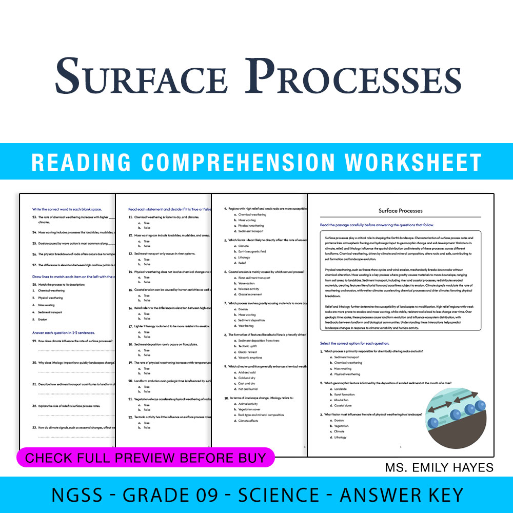 Grade 9 Science worksheet worksheet — Grade 9 Science | Surface Processes Worksheet (PDF+ Answer Key) — page 1