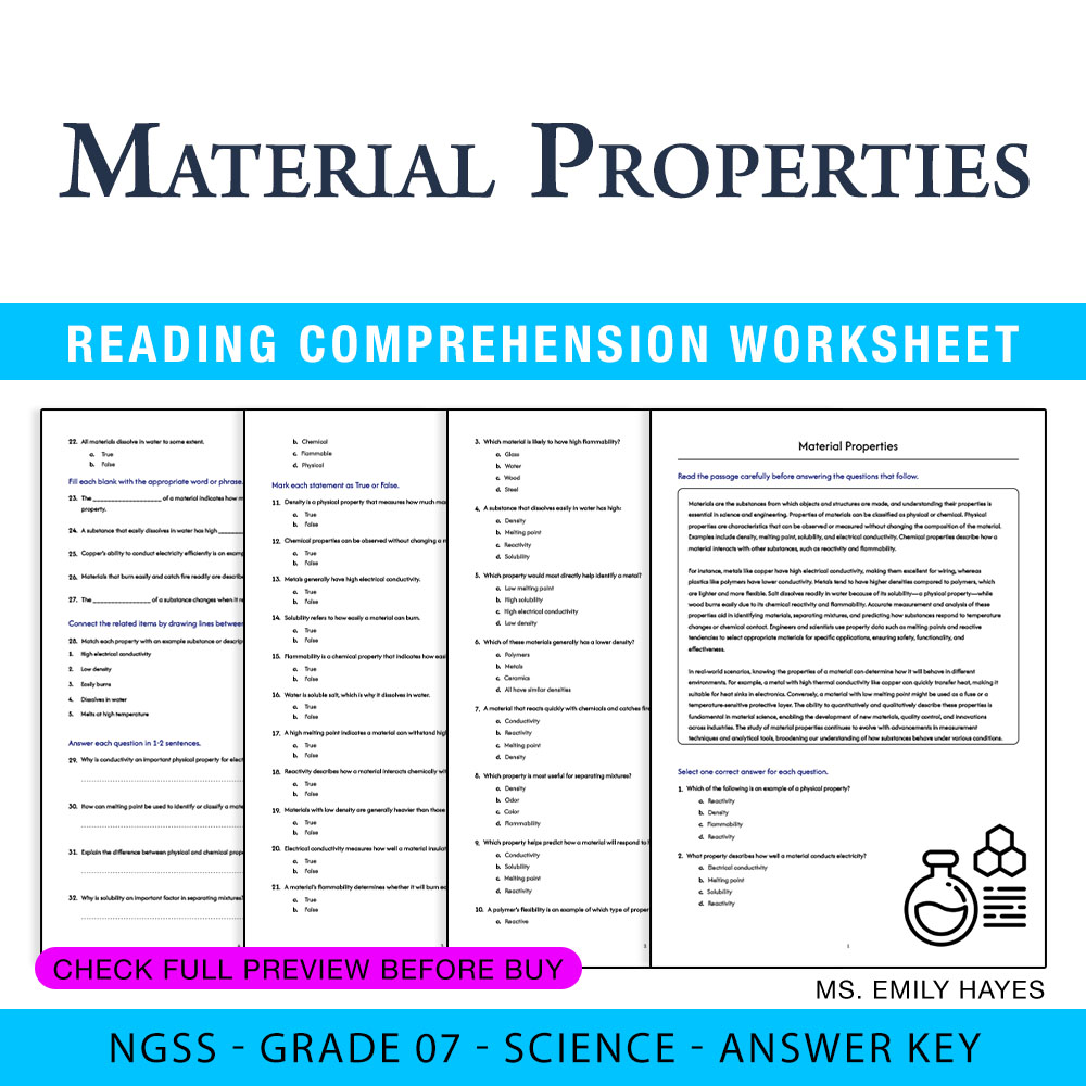 Grade 7 Science worksheet worksheet — 7th Grade Science | Material Properties Worksheet (PDF +Answer Key) — page 1
