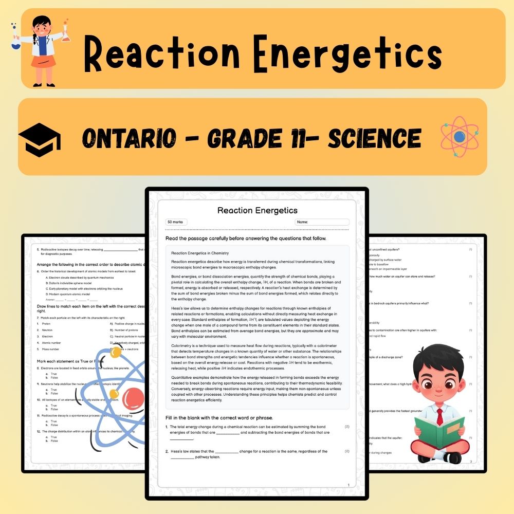 Grade 11 Science worksheet worksheet — Grade 11 Science – Reaction Energetics Worksheet (PDF) | Ontario Standards — page 1