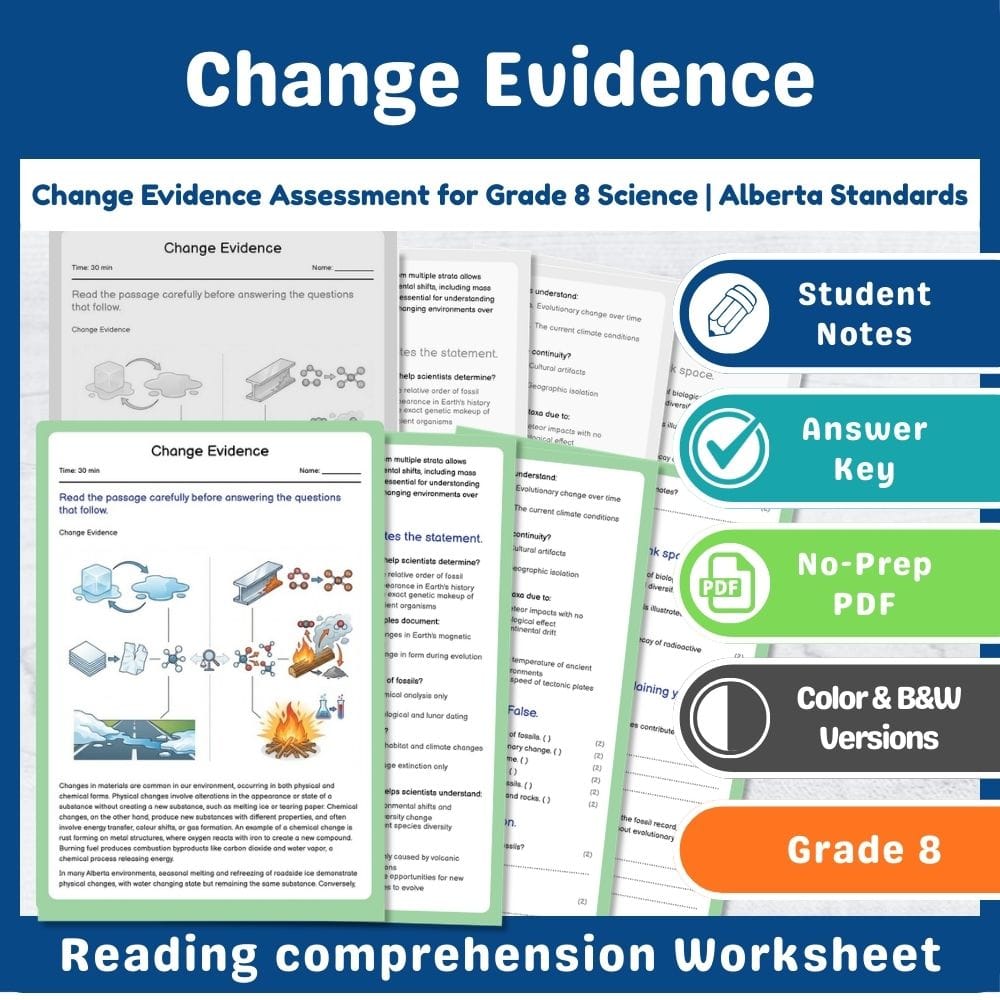 Grade 8 Science assessment worksheet — Change Evidence Assessment for Grade 8 Science | Alberta Standards — page 1