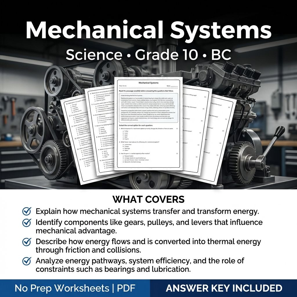 Grade 10 Science | Mechanical Systems Worksheet & Answer Key (Printable PDF)