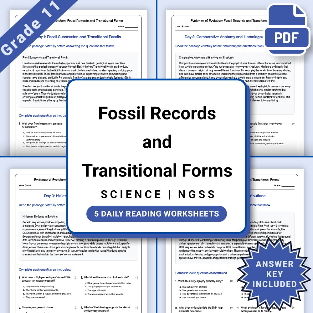 Grade 11 Science daily reading worksheet worksheet — Grade 11 Science – Evidence of Evolution Fossil Records Worksheet(PDF…