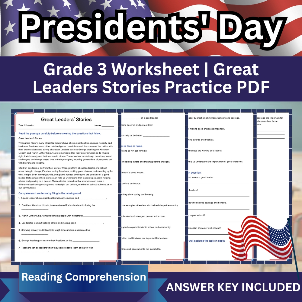 Grade 3 Seasonal Worksheet | Great Leaders’ Stories Assessment & Student Practice (Printable PDF)