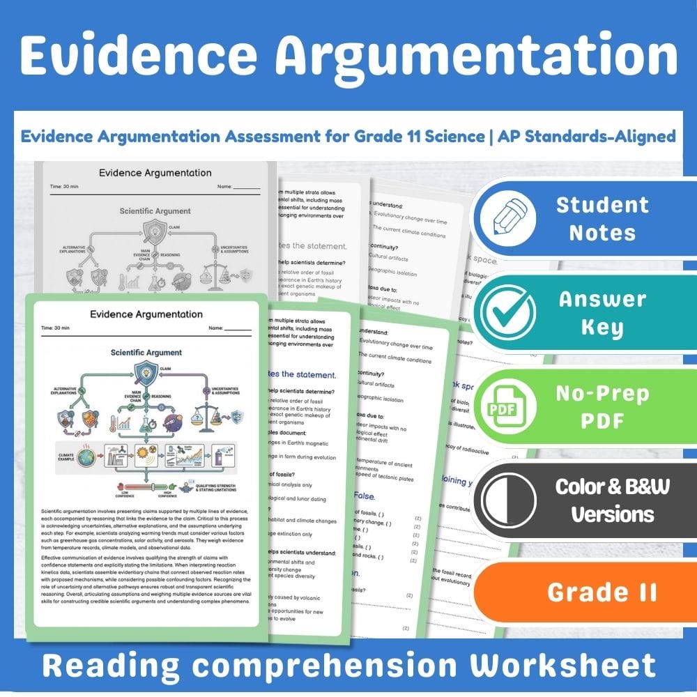 Grade 11 Science assessment worksheet — Evidence Argumentation Assessment for Grade 11 Science | AP Standards-Aligned — pa…