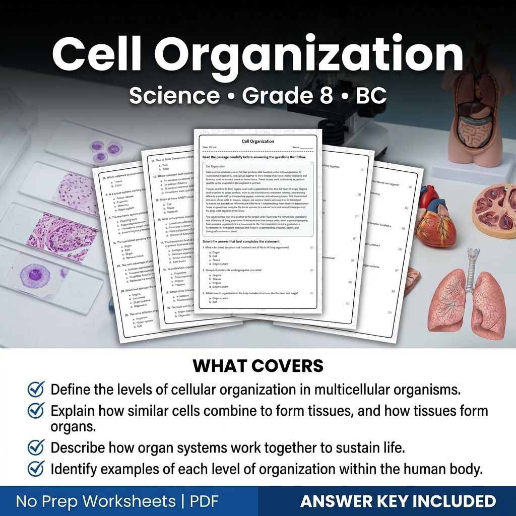 Grade 8 Science | Cell Organization Worksheet & Answer Key (Printable PDF)