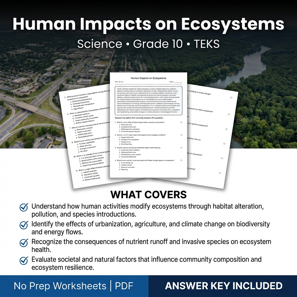 Human Impacts on Ecosystems Science Worksheet | TEKS Grade 10