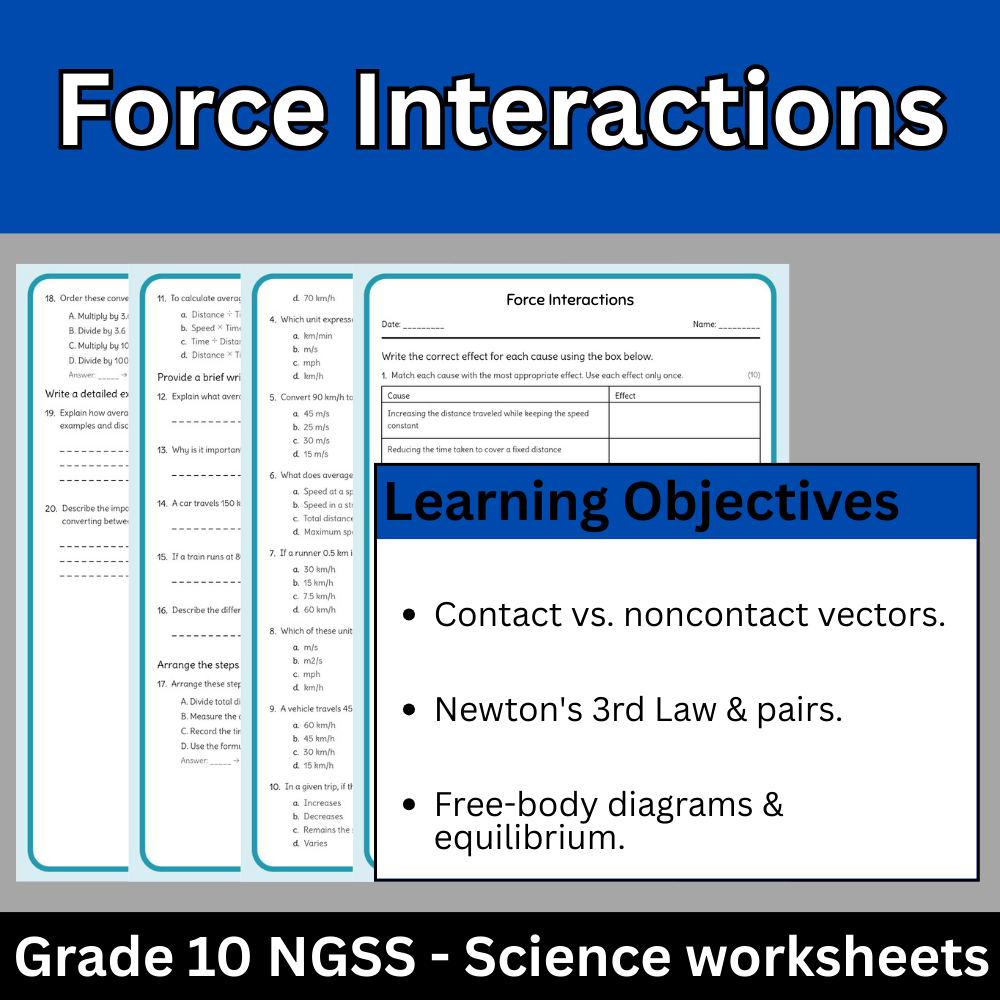 Grade 10 Science science 1 worksheet — Grade 10 Science | Force Interactions Worksheet (NGSS Aligned) PDF