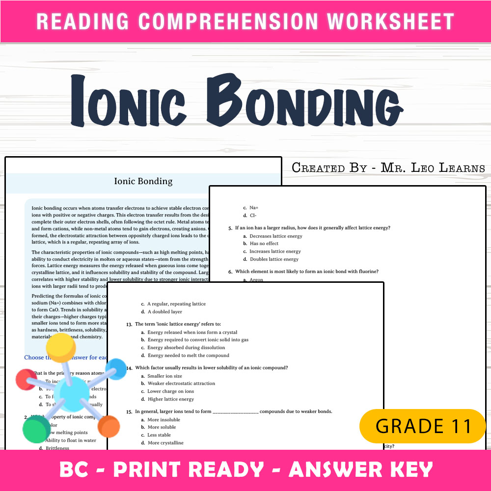 Grade 11 Science worksheet mcq paper worksheet — Grade 11 Science — Worksheet MCQ Paper for Mastering Ionic Bonding — page 1