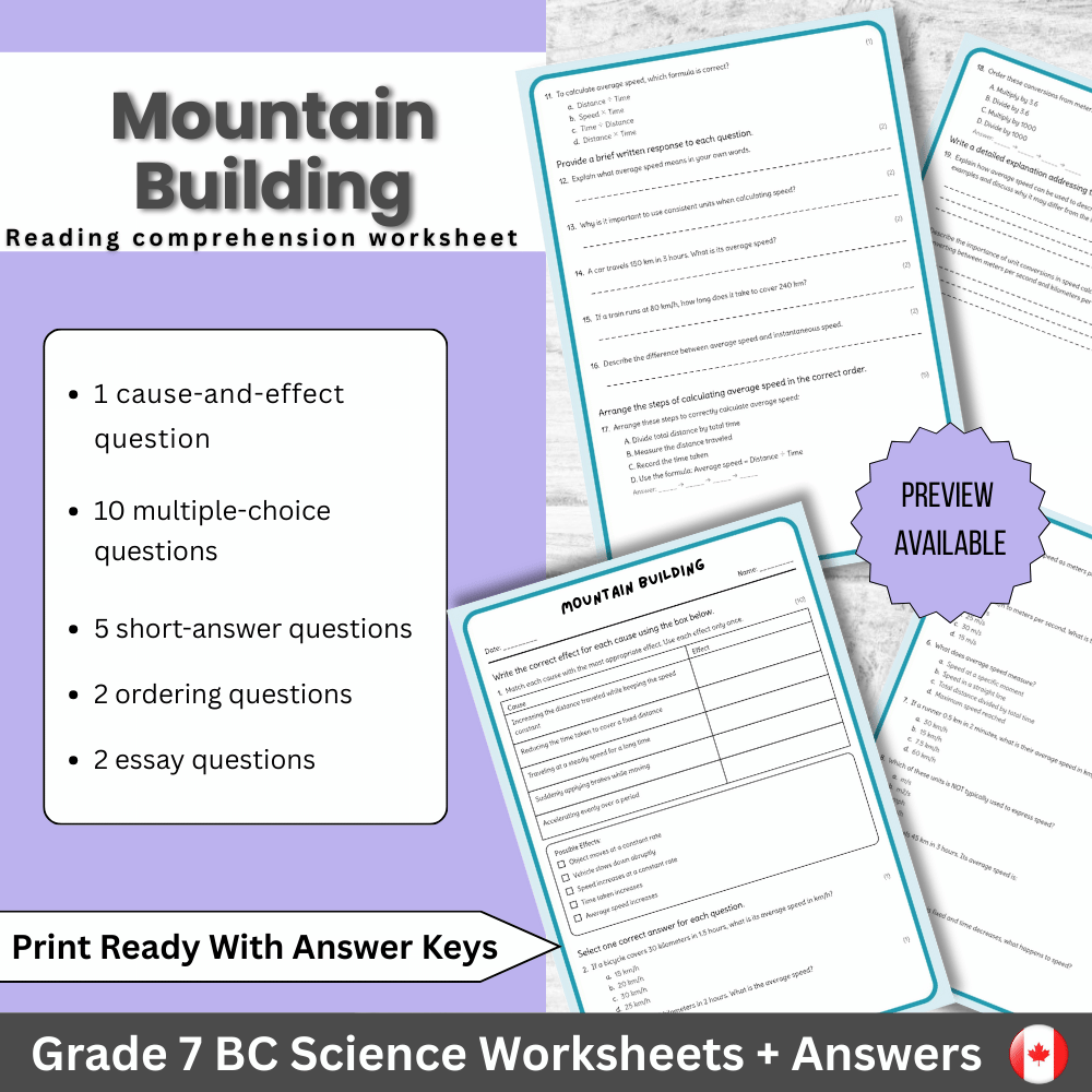 Grade 7 Science | Mountain Building Worksheet + Answer Key (PDF)
