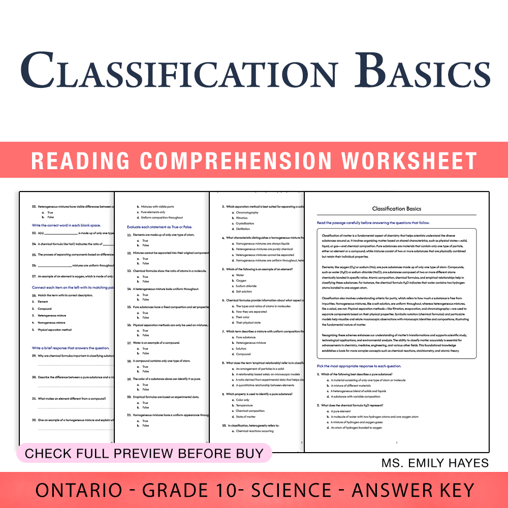 Grade 10 Science worksheet worksheet — Grade 10 Science | Classification Basics Worksheet (PDF + Answer Key) — page 1