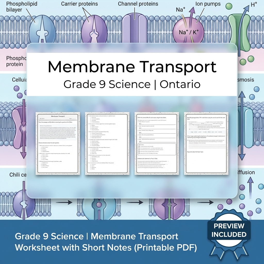 Grade 9 Science | Membrane Transport Worksheet with Short Notes (Printable PDF)