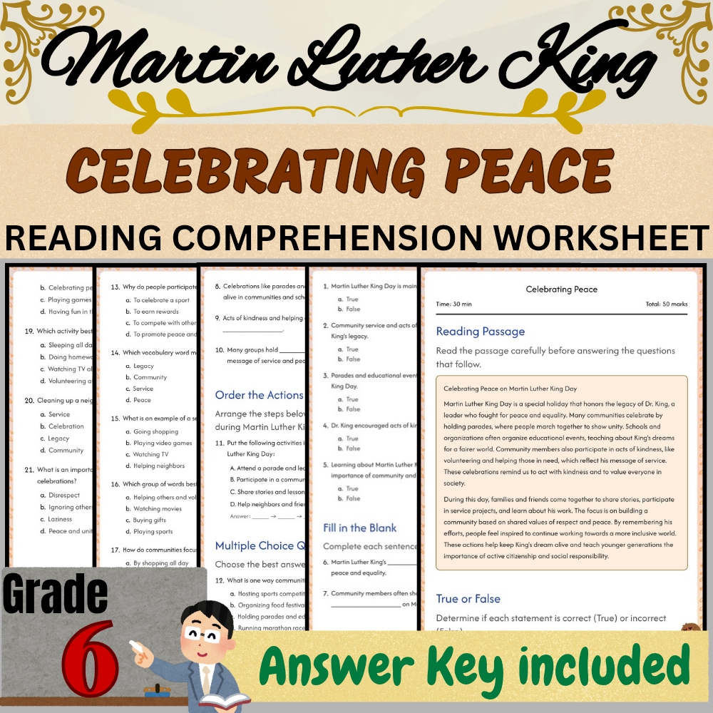 Grade 6 | Celebrating Peace Worksheet for Martin Luther King | PDF + Answer Key