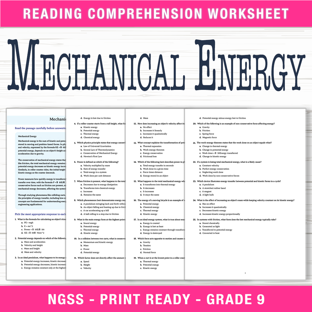 Grade 9 Science worksheet worksheet — Grade 9 Science | Mechanical Energy Worksheet (PDF + Answer Key) — page 1