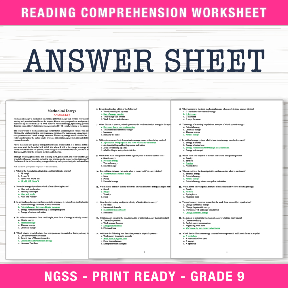 Grade 9 Science worksheet worksheet — Grade 9 Science | Mechanical Energy Worksheet (PDF + Answer Key) — page 2