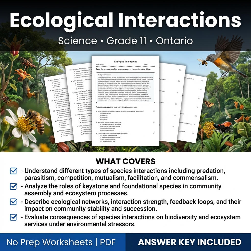 Ecological Interactions Worksheet for Grade 11 Science Ontario Standards