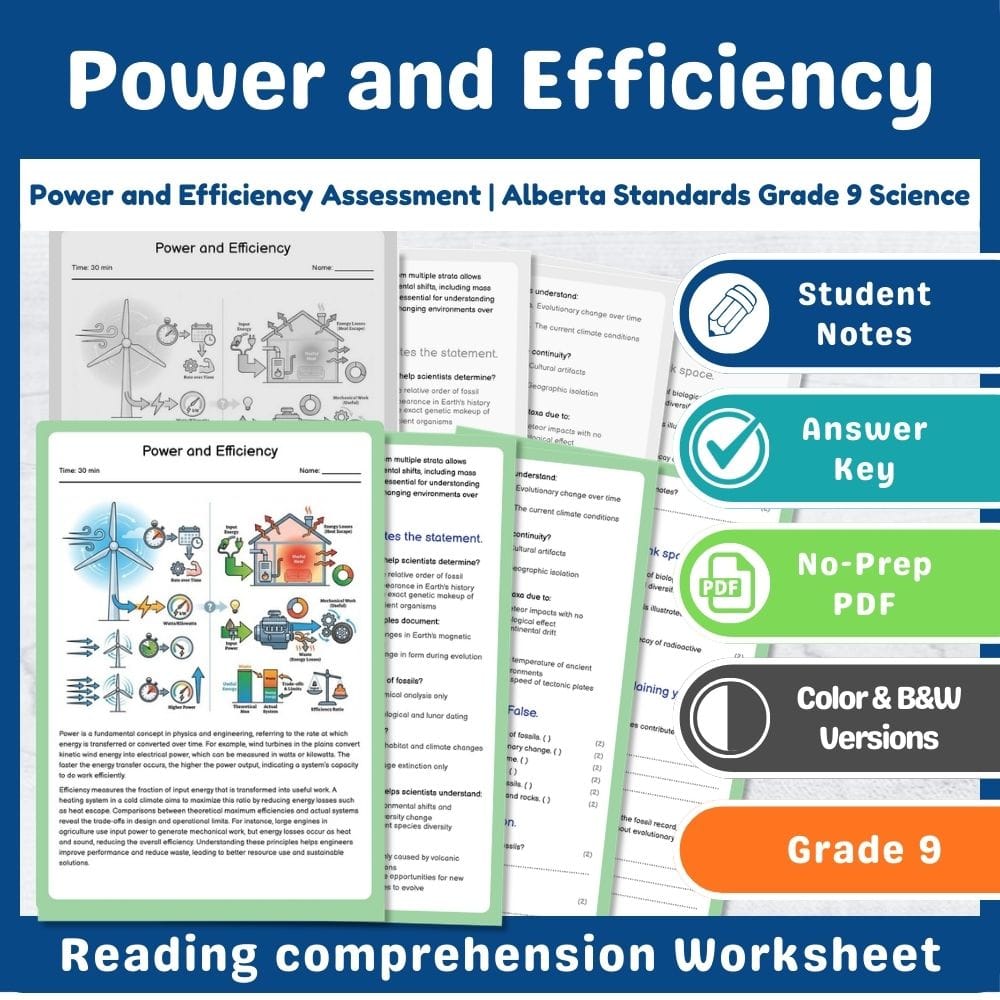 Grade 9 Science assessment worksheet — Power and Efficiency Assessment | Alberta Standards Grade 9 Science — page 1