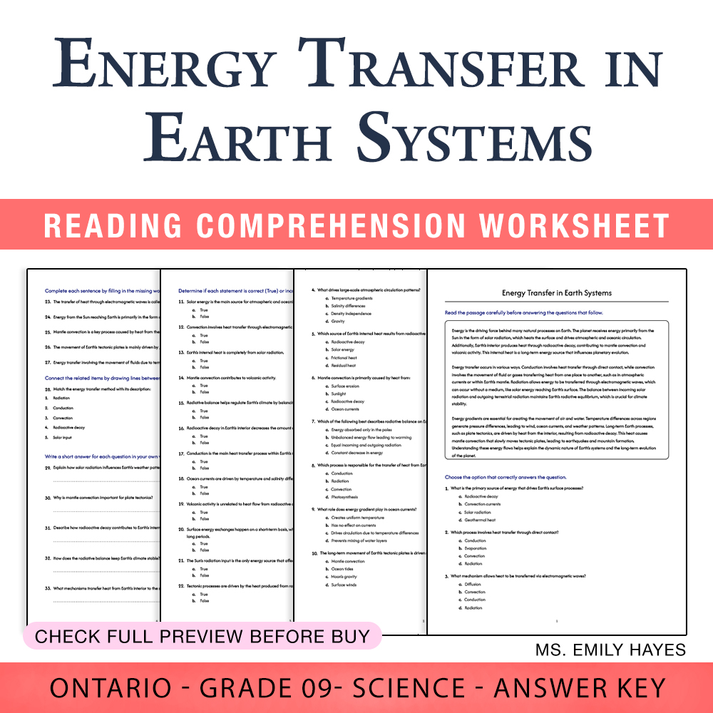 Grade 9 Science worksheet worksheet — Grade 9 Science | Energy Transfer in Earth Systems Worksheet (PDF + Answer Key) — pa…