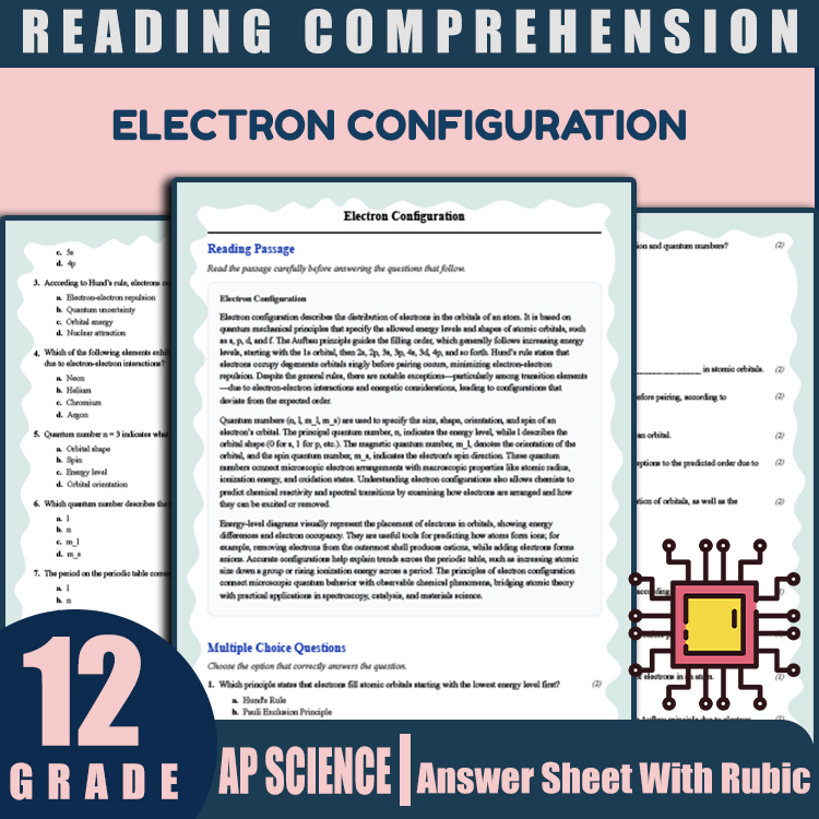 Grade 12 Science reading worksheets worksheet — Grade 12 Science | Electron Configuration Reading Worksheet with Answer Ke…