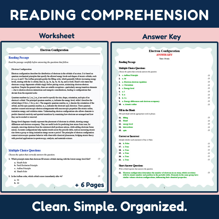 Grade 12 Science reading worksheets worksheet — Grade 12 Science | Electron Configuration Reading Worksheet with Answer Ke…