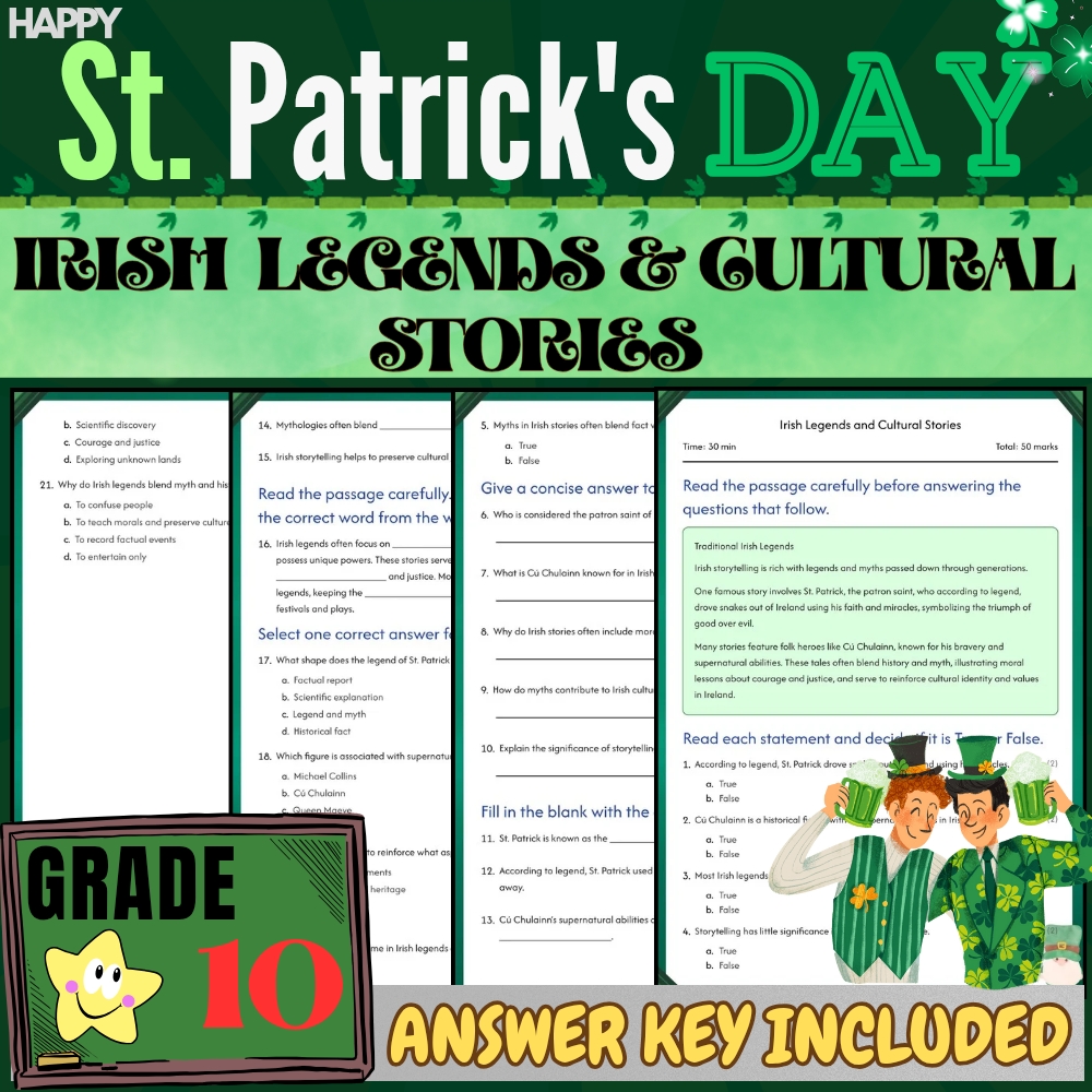 Grade 10 Seasonal| Irish Legends and Cultural Stories Worksheet PDF + Answer Key