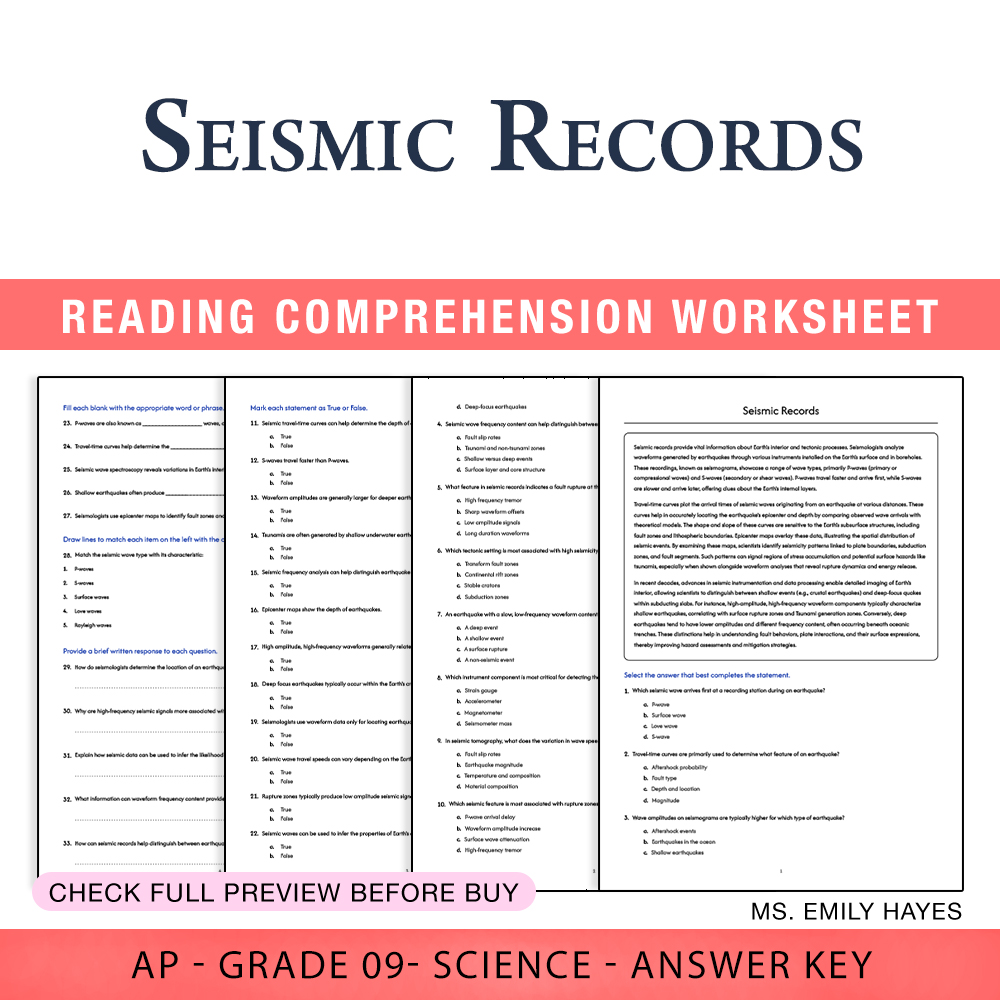 Grade 9 Science worksheet worksheet — Grade 9 Science | Seismic Records Worksheet (PDF+ Answer Key) — page 1