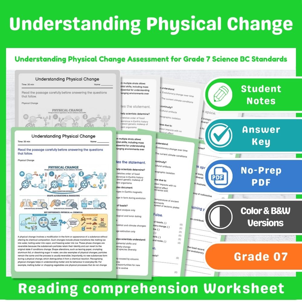 Grade 7 Science Lesson – States of Matter & Reaction Types Assessment Bundle — included worksheet 7