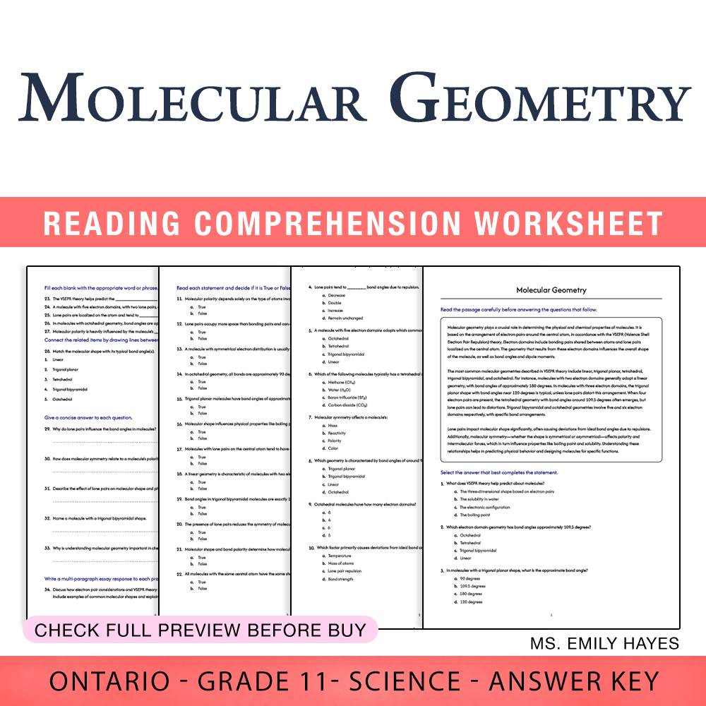 Grade 11 Science worksheet worksheet — 11th Grade Science | Molecular Geometry Worksheet (PDF + Answer Key) — page 1