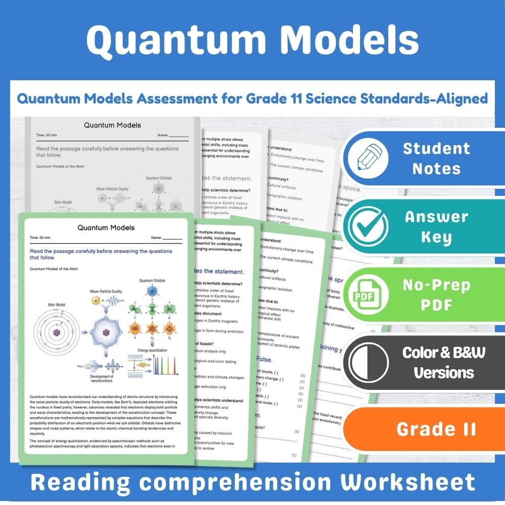 Grade 11 Science assessment worksheet — Quantum Models Assessment for Grade 11 Science Standards-Aligned — page 1