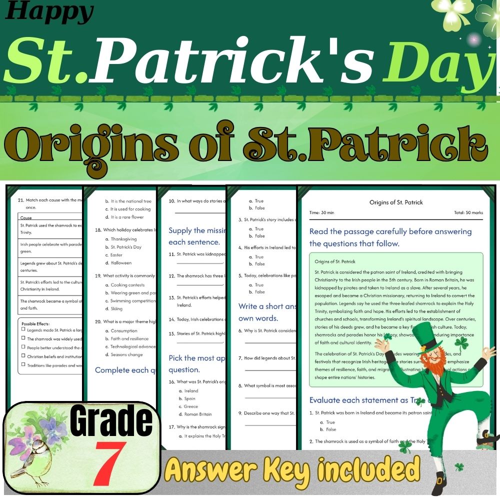 Grade 7Seasonal Unit|St. Patrick's Day Worksheets for Irish Symbols & Traditions — included worksheet 1