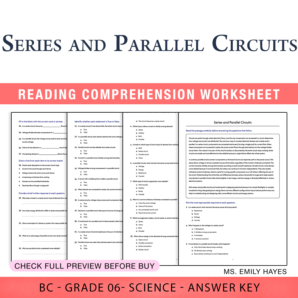 Grade 6 Science worksheet worksheet — 6th Grade Science | Series and Parallel Circuits Worksheet (PDF+ Answer Key) — page 1