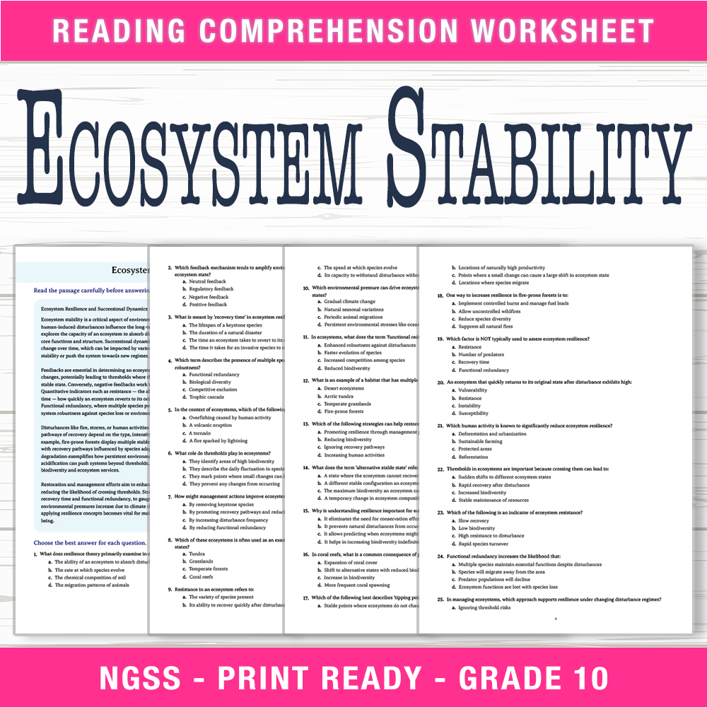 Grade 10 Science worksheet worksheet — Grade 10 Science – Ecosystem Stability Worksheet (PDF + Answer Key) — page 1