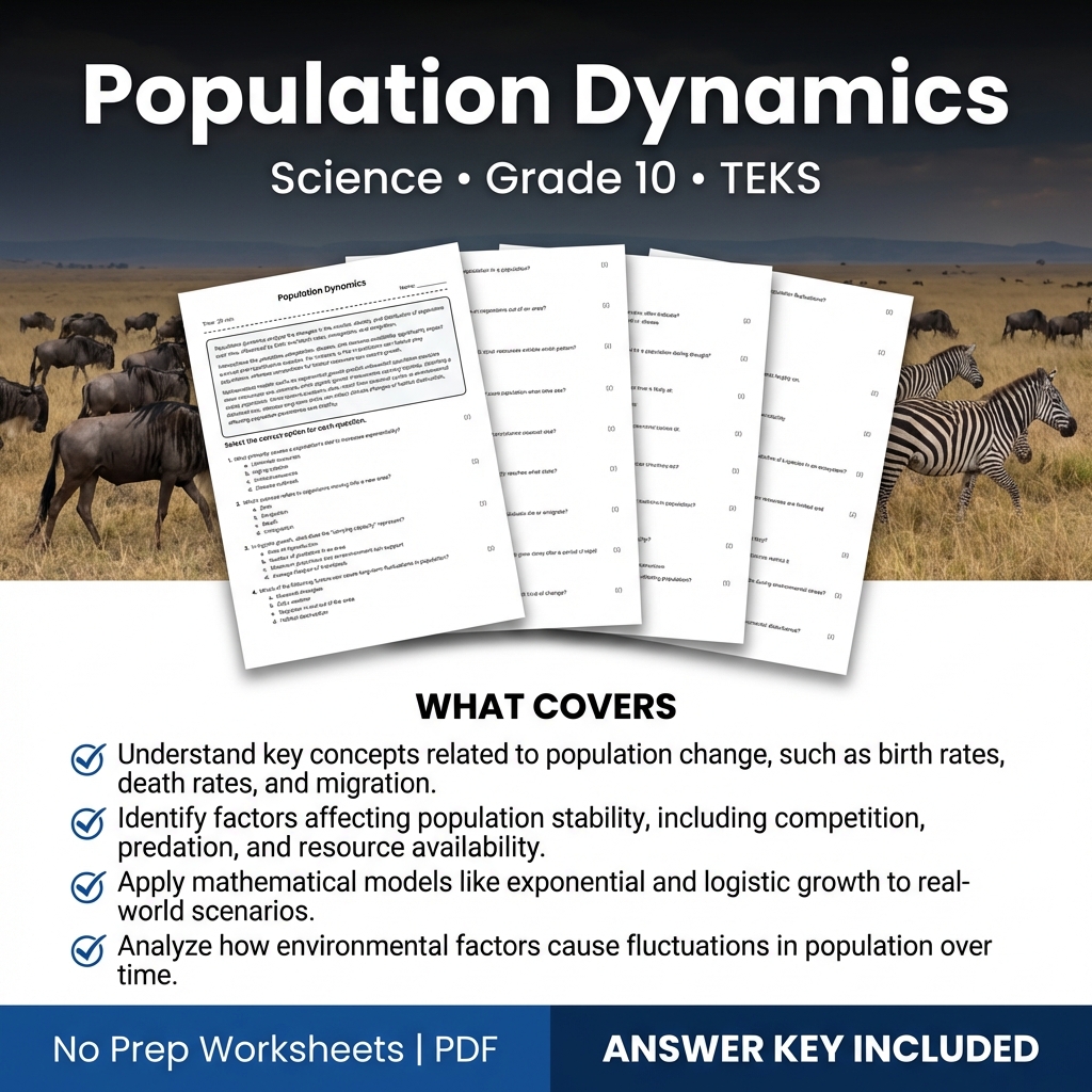 Population Dynamics Worksheet for Grade 10 Science TEKS aligned