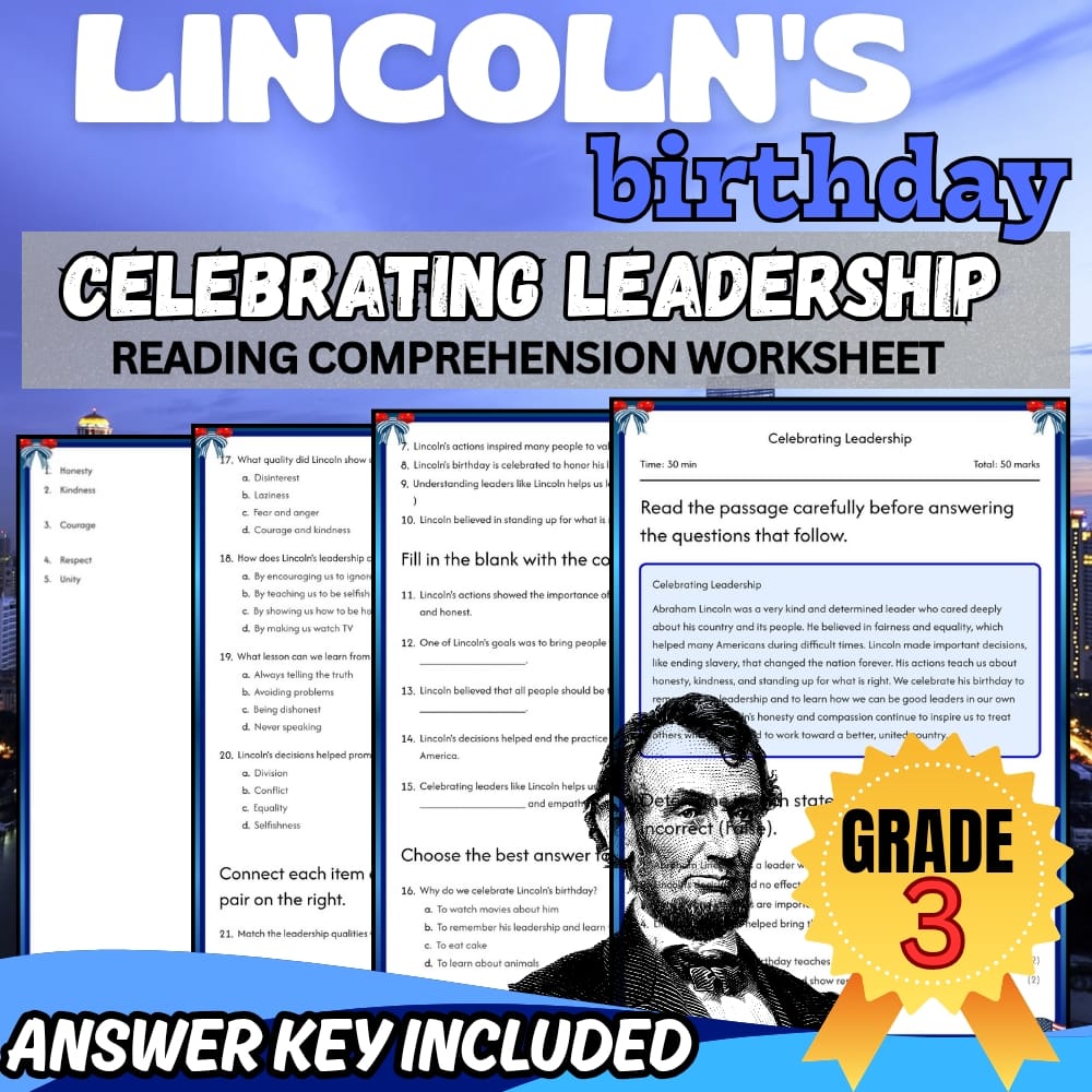 Grade 3 |Lincon's birthday Worksheet for Mastering Leadership | PDF + Answer Key