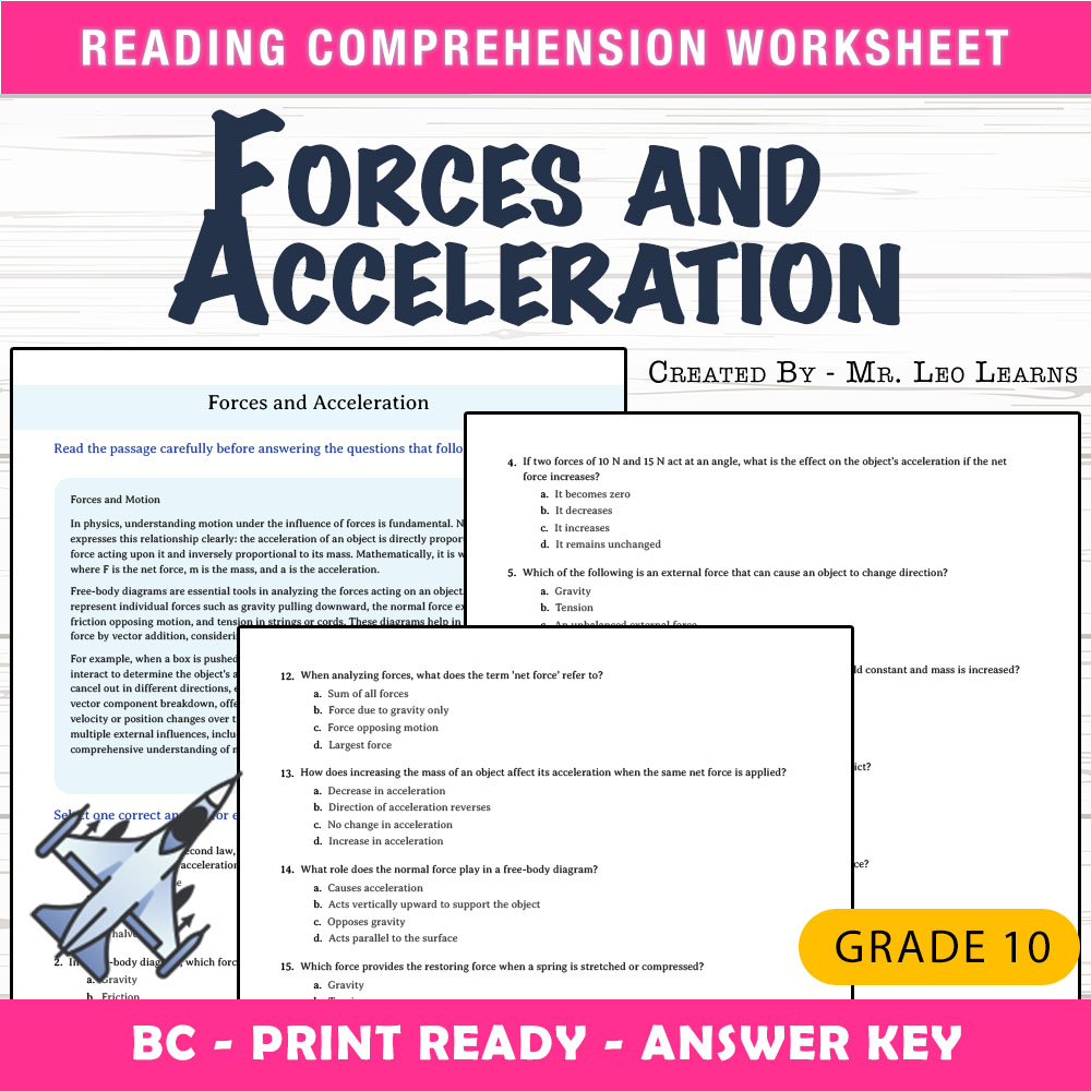 Grade 10 Science worksheet mcq paper worksheet — Grade 10 Science — Forces and Acceleration Worksheet for Mastery — page 1
