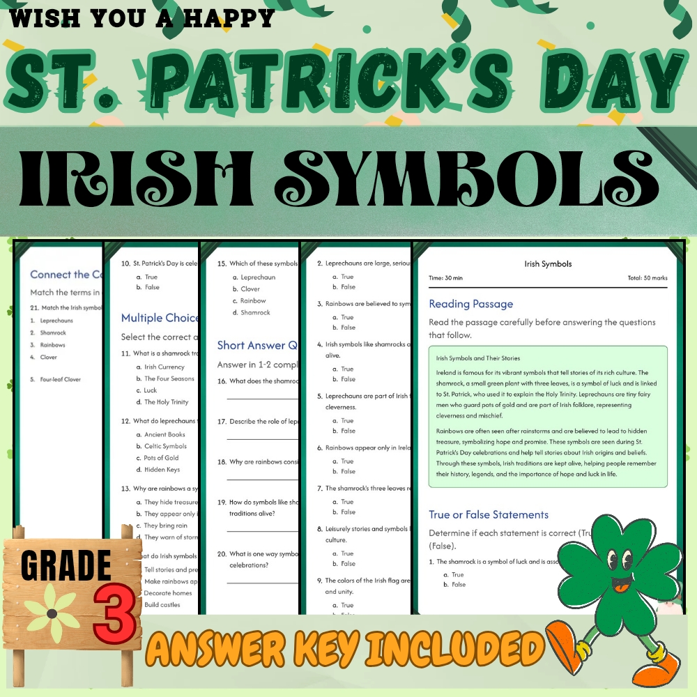 Grade 3 Seasonal Unit| St. Patrick's Day Worksheets & Activities(PDF+Answer Key) — included worksheet 1
