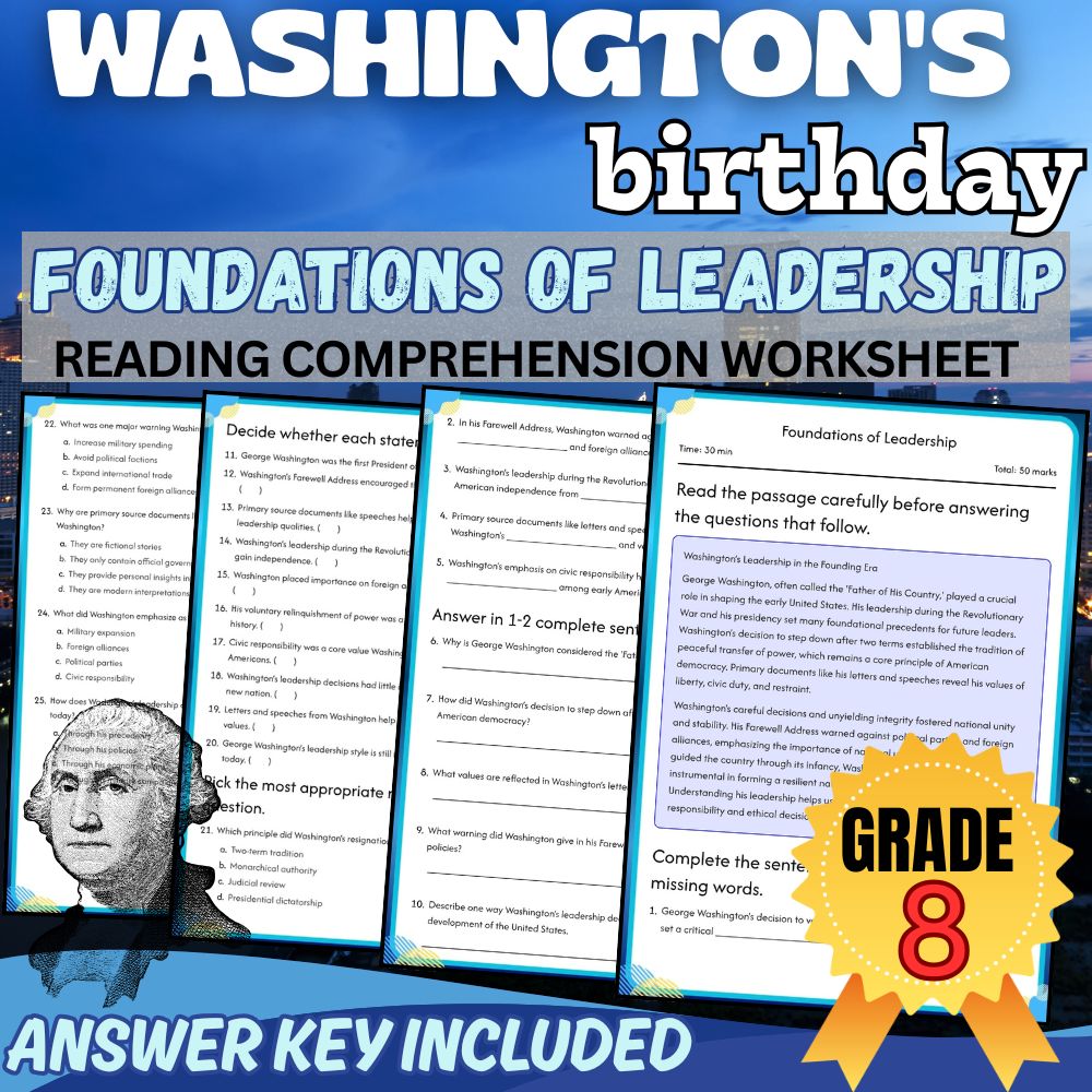 Grade 8 | Washington’s Birthday Worksheet for Mastery|PDF+Answer Key
