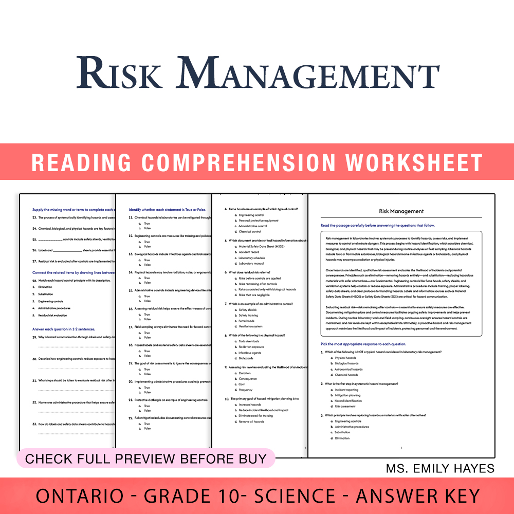 Grade 10 Science worksheet worksheet — Grade 10 Science | Risk Management Worksheet (PDF + Answer Key) — page 1